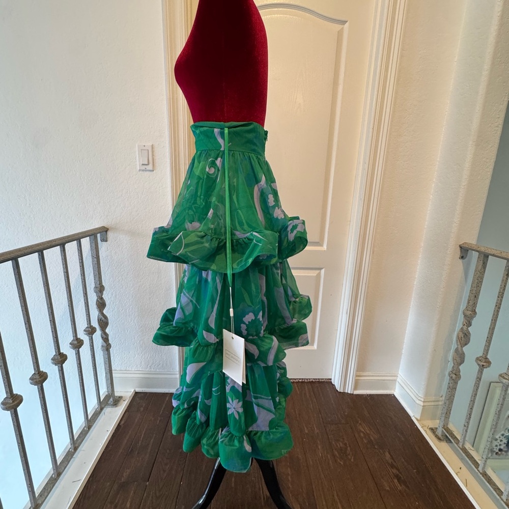 🦄 NWT Mac Duggal Sz 2 Printed Chiffon Green Floral A-Line Tiered Ruffle Skirt - Picture 13 of 16